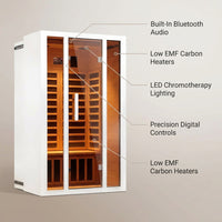 2 Person Extendable FAR Infrared Sauna for Home, Hemlock Wood Low EMF 6 Carbon Heaters Indoor Saunas with LED Lights, Bluetooth Speaker, Digital Control Panel, and Seating Bench — infographic
