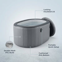 Inflatable Cold Plunge Tub Designed for Home Wellness Recovery, Insulated Lid, Double Mesh PVC, EVA Bottom — infographic